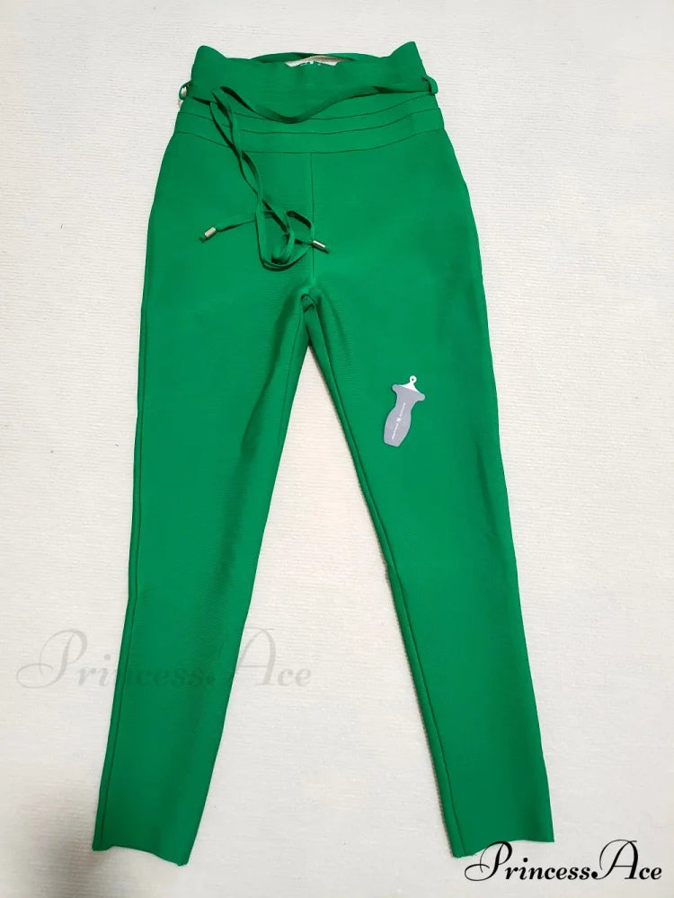 Bandage High Waist Tie Sexy Pencil Party Elegant Trouser Green / XS
