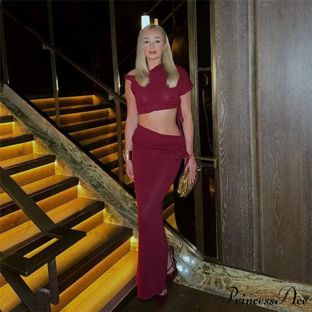 Bandage Skirt Set Maxi Dress Burgundy / S