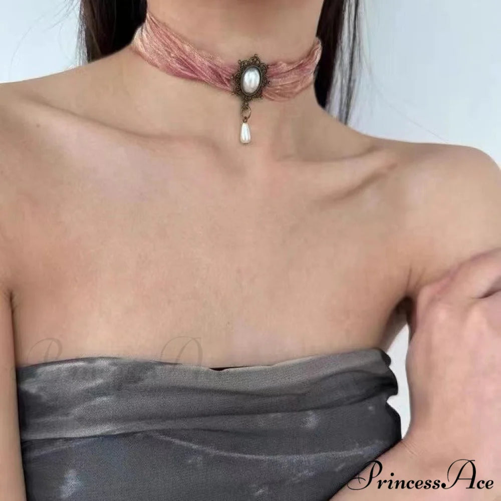 Baroque Vintage Silk Sheer Pearl Choker Necklace