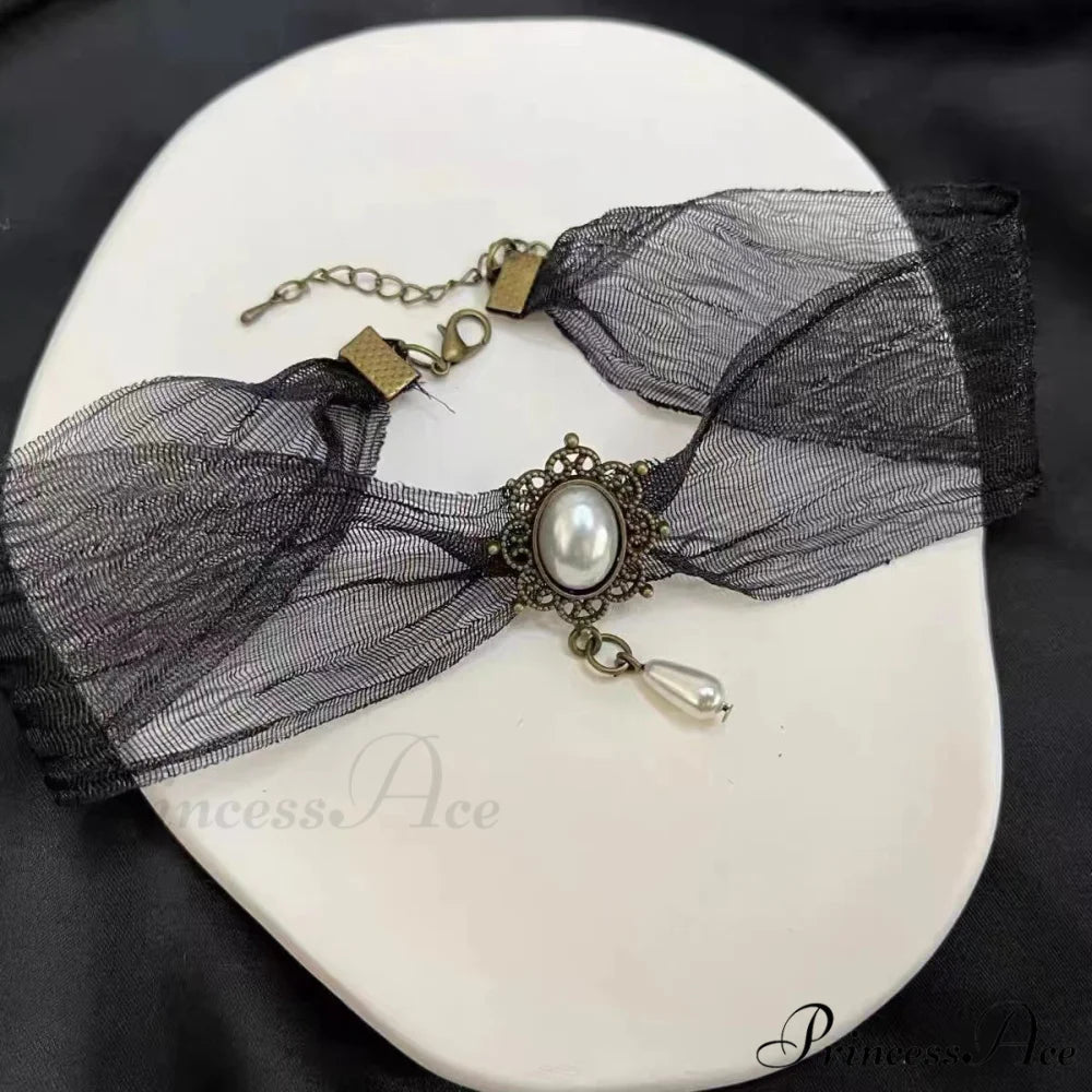Baroque Vintage Silk Sheer Pearl Choker Necklace BLACK