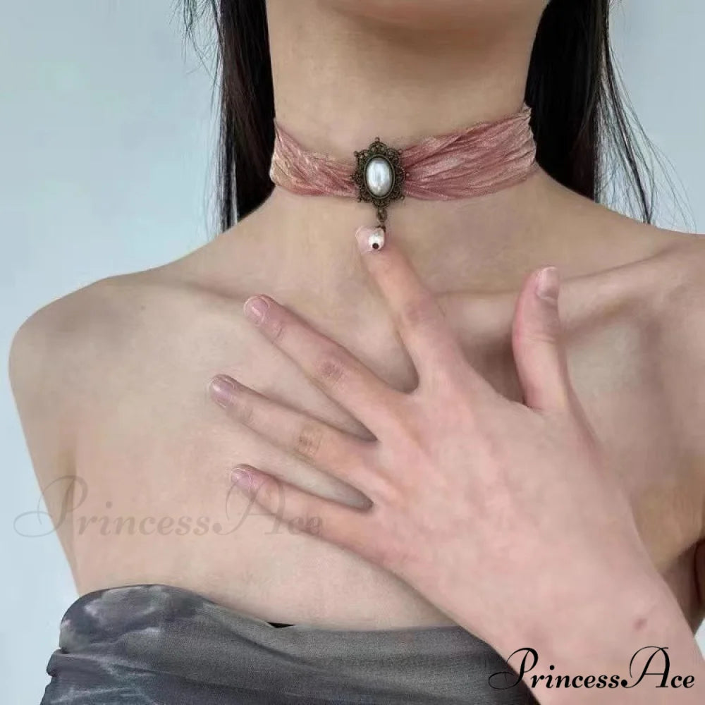 Baroque Vintage Silk Sheer Pearl Choker Necklace RED