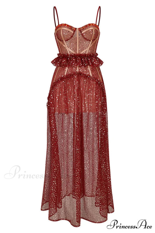 Barrett Sequined Mesh Charming & Lace Maxi Dress XS / Red