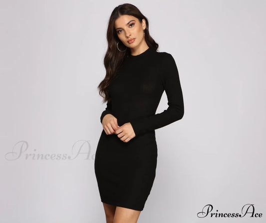 Basic Babe Ribbed Charming Knit Mini Dress BLACK / S