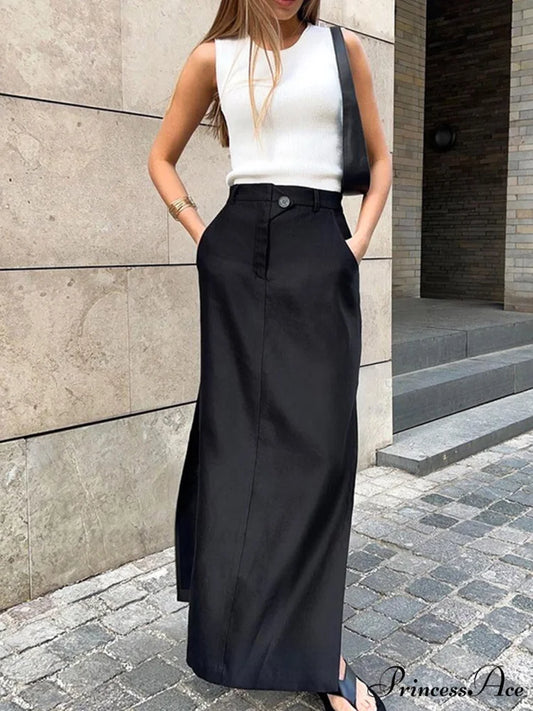 Basic Buttoned Graceful Maxi Skirt Black / XS