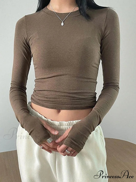 Basic Solid Graceful Crop Top Brown / S