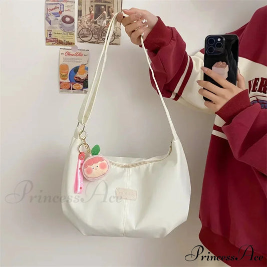 Basic University Style Nylon Spacious Crossbody White / No plush pendant crossbody-250126