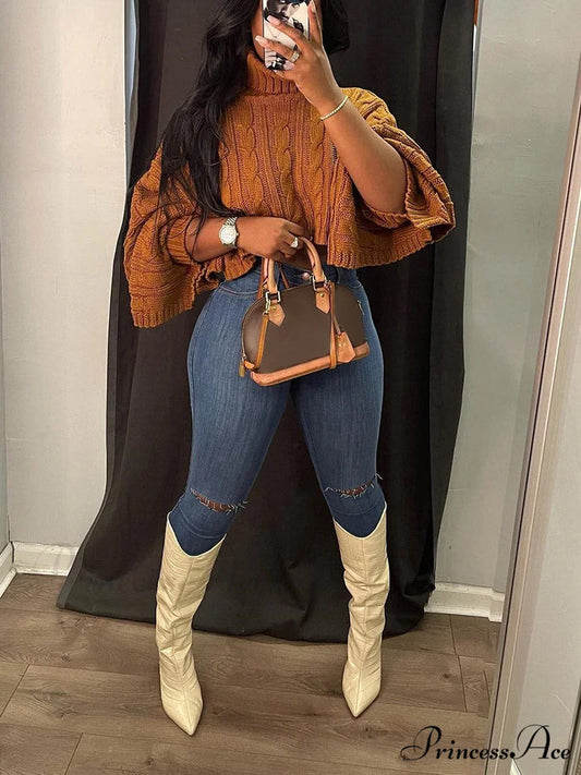 Batwing Sleeve Hollow Trendy Knitted Pullover Top Camel / S