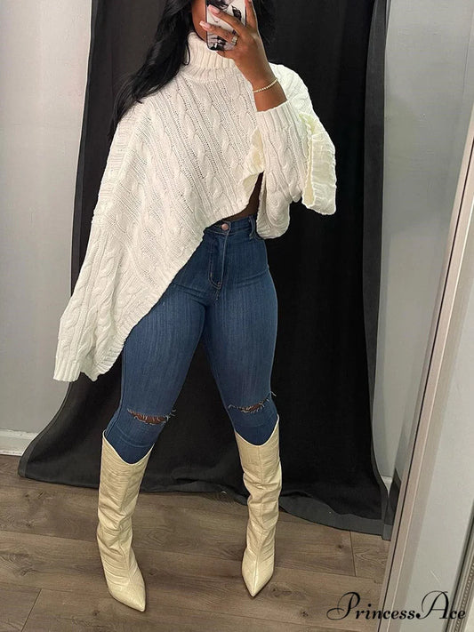 Batwing Sleeve Hollow Trendy Knitted Pullover Top White / S