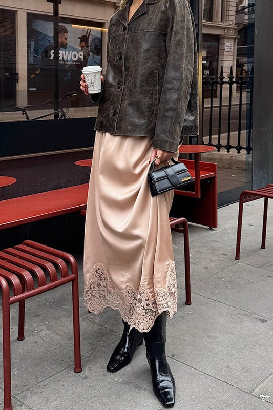 Pink Lace Hem A-Line Midi Skirt