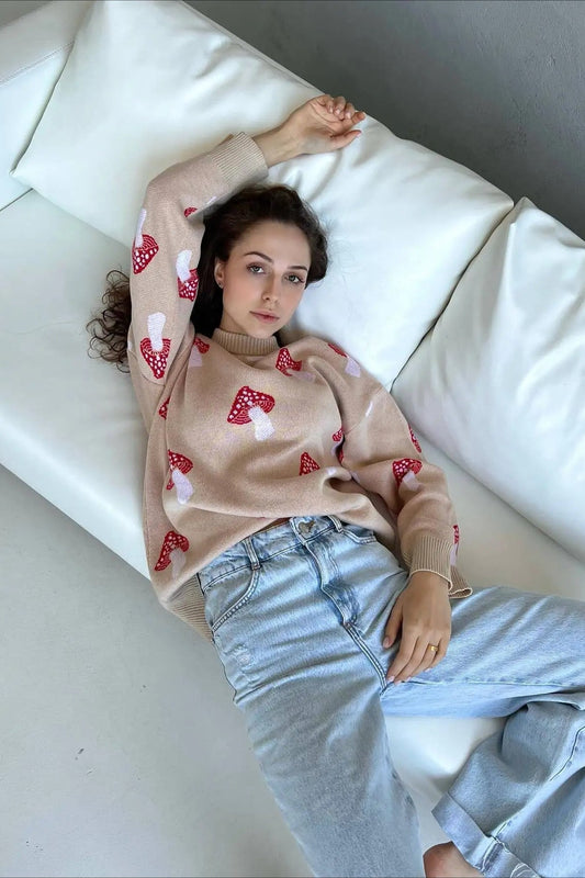 Mushroom Jacquard Knit Sweater