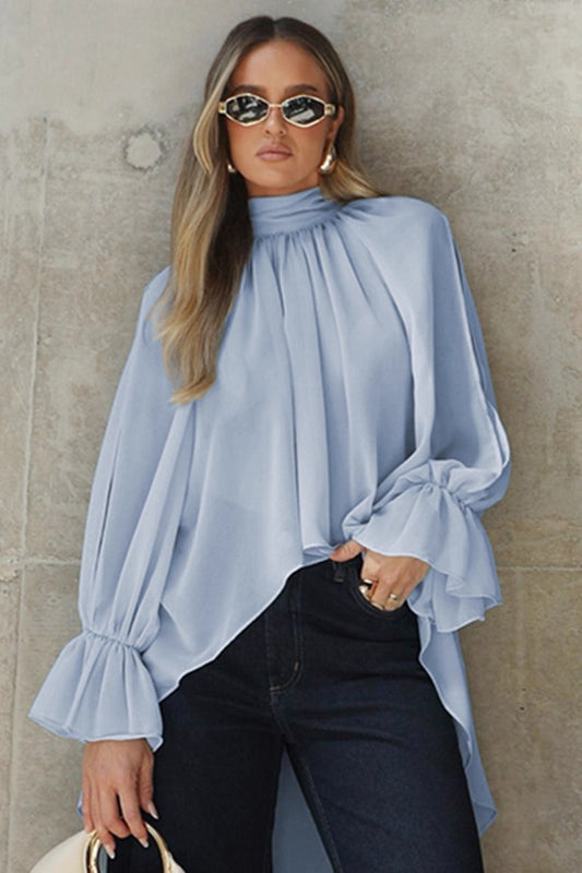 Blue Chiffon Bell Sleeve Cutout Blouse