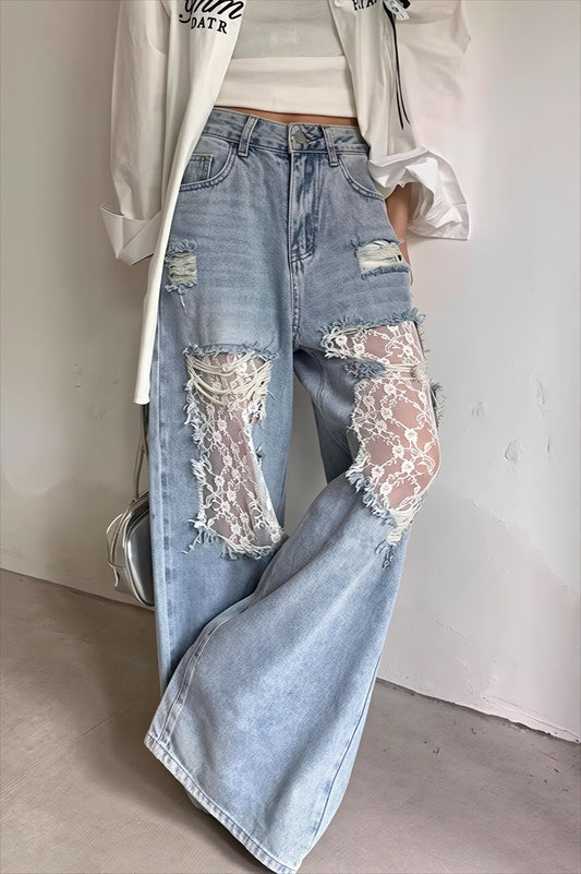 Lace Patchwork Wide Leg Jeans