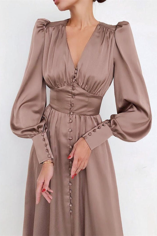 Vintage Satin Puff Sleeve Tailored Midi Dress