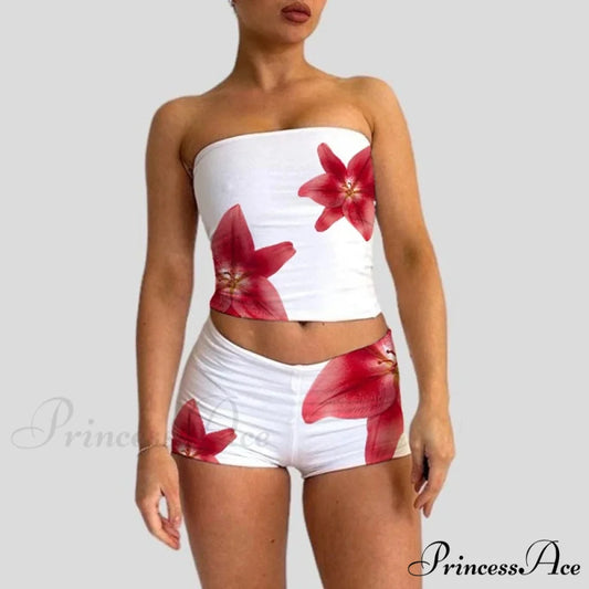 Beach Holiday Lounge Attire 2 Piece Set Floral Pattern Strapless Crop Tube Tops Bandeau + Slim Mini Skirt Wrap Bodycon