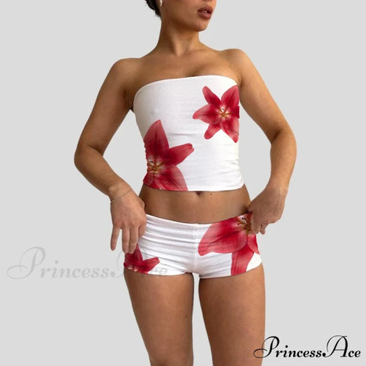 Beach Holiday Lounge Attire 2 Piece Set Floral Pattern Strapless Crop Tube Tops Bandeau + Slim Mini Skirt Wrap Bodycon