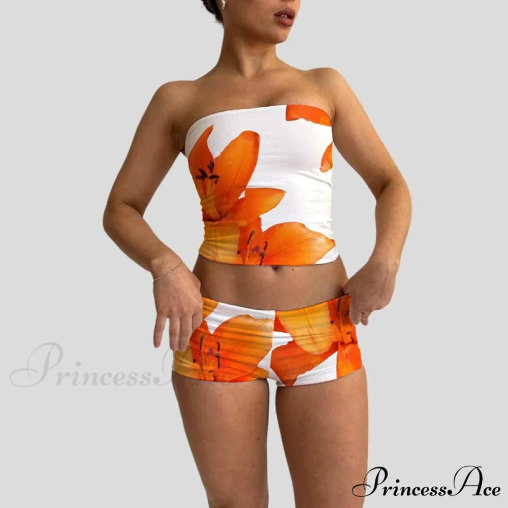 Beach Holiday Lounge Attire 2 Piece Set Floral Pattern Strapless Crop Tube Tops Bandeau + Slim Mini Skirt Wrap Bodycon