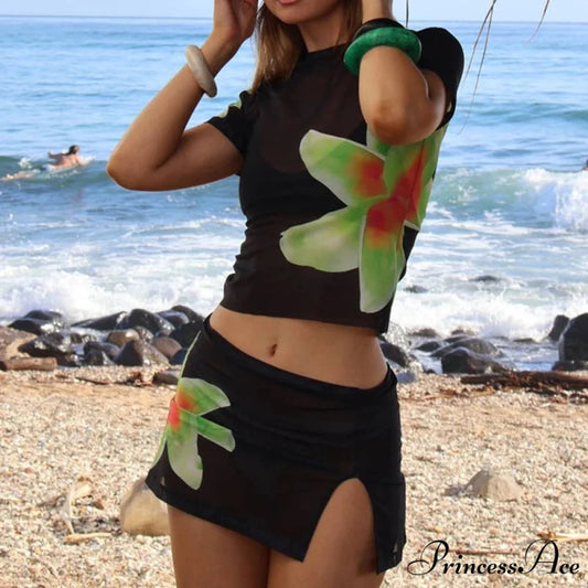 Beach Vacation 2 Piece Floral Print Sheer Mesh Short Sleeve T-Shirt + Mini A-Line Skirt Women Summer Cover-ups Crop