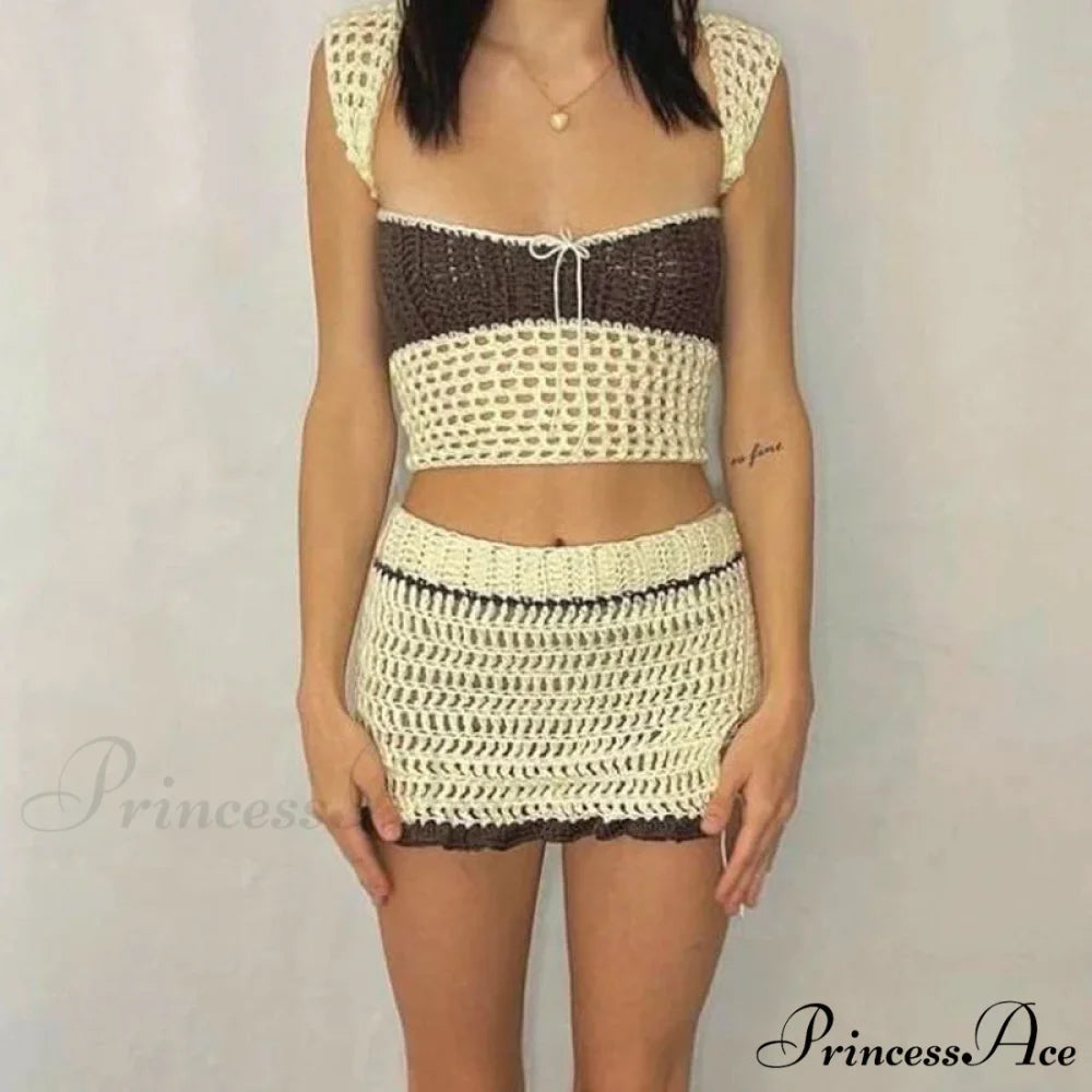 Beach Vacation 2 Piece Sets Crochet Hollow Out Crop Tops Backless Tie Up Knitted Tank Tops + Mini Pencil Skirt Y2K