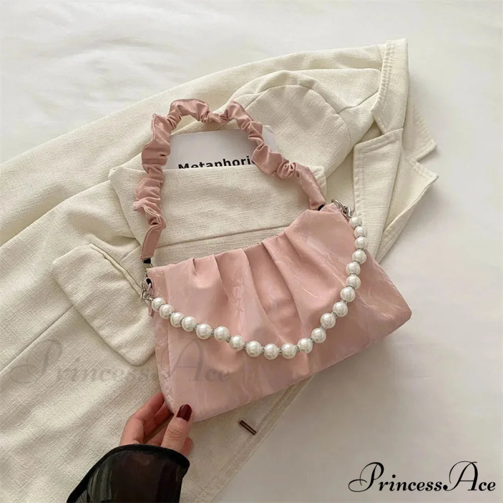 Beaded Chain Pleated Underarm Crossbody Handbag Pink handbag-250126