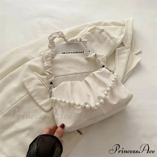 Beaded Chain Pleated Underarm Crossbody Handbag White handbag-250126