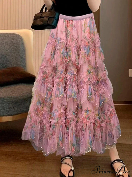 Beaded Sophisticated Uneven Mesh Tulle Skirt Pink / One Size skirt-250126