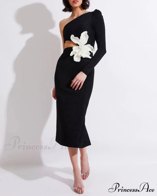 Beading Flower One-Shoulder Party Dress Black / S