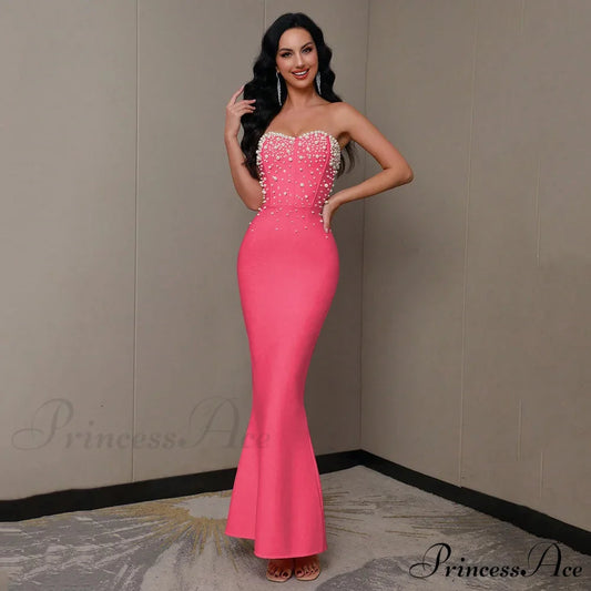 Beading Strapless Ankle-Length Party Dress rose pink / XS