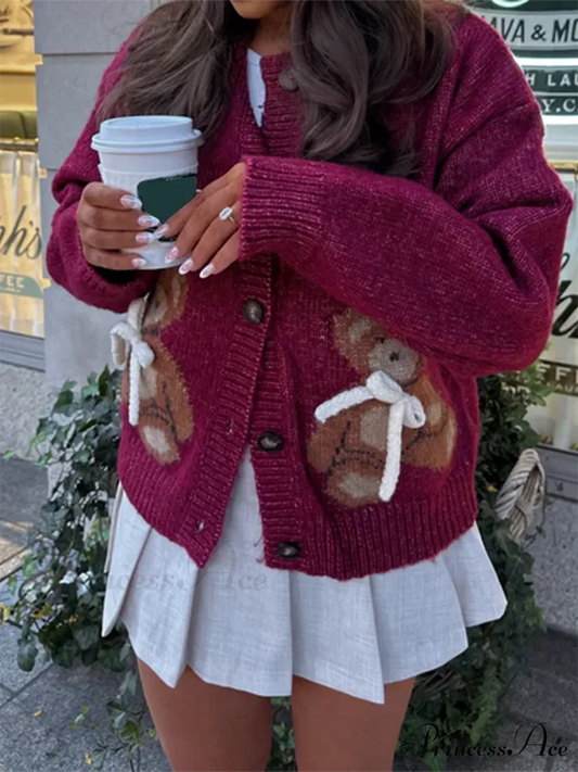 Bear Print Button-Up Circular Neck Knit Cardigan RED / S cardiagn-250126