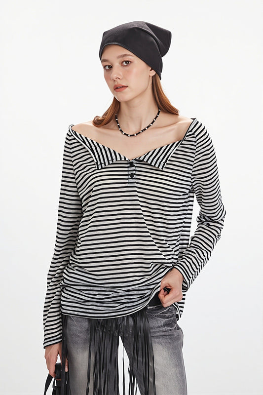 Striped Off Shoulder Long Sleeve T-shirt