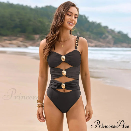 Beige Metallic Clasp Pleated One Piece Swimsuit Black / S onepiece-250223