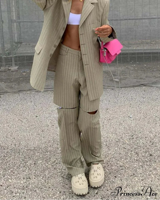 Beige Pattern Cut Out Pants Work Two Piece Ensemble Khaki / S officetwopieceset-250223