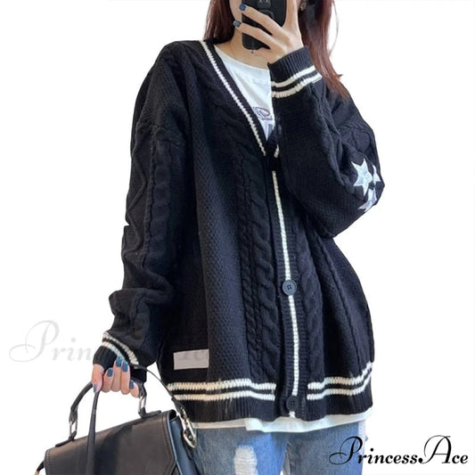 Beige V-neck Star Embroidery Cardigan Black / S