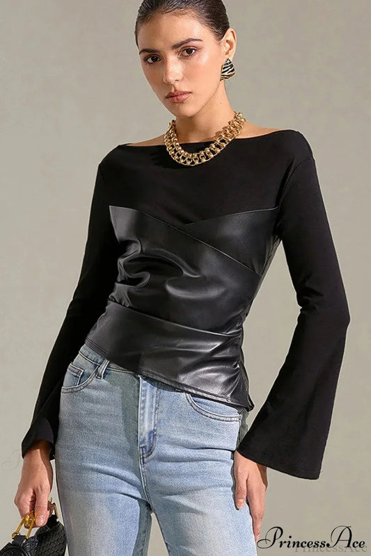Bell-Sleeve Faux Leather Trim Solid Knit Top Black / S