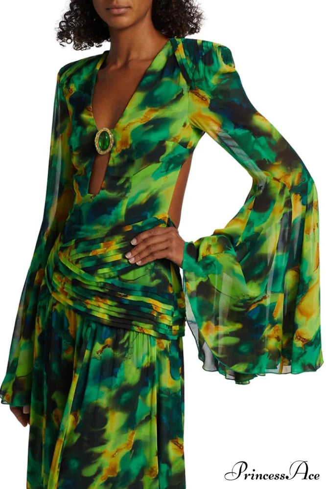 Bell Sleeve Stylish Printed Gown