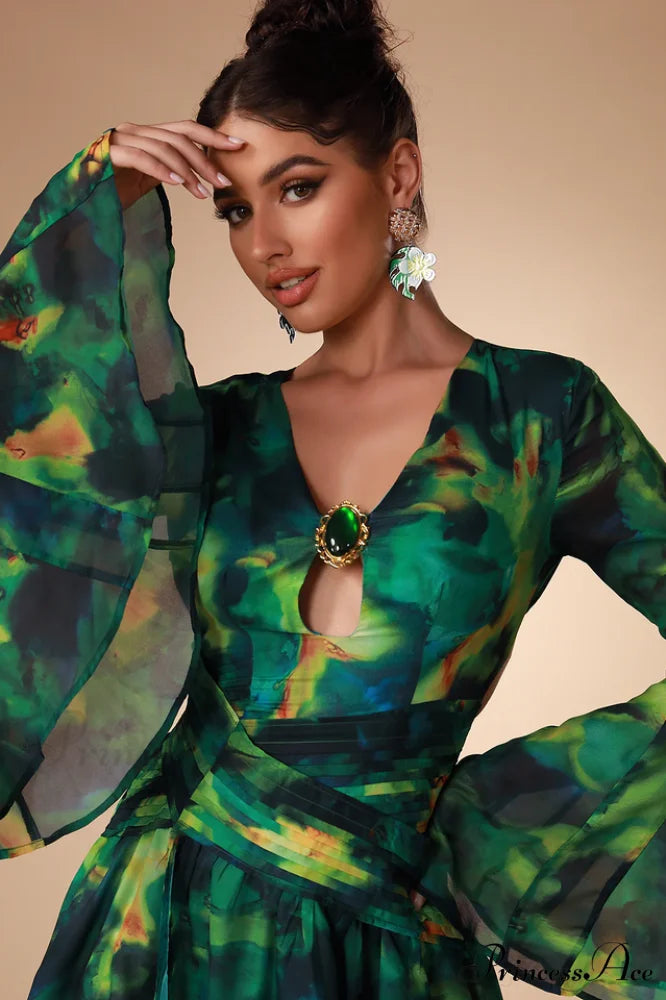 Bell Sleeve Stylish Printed Gown