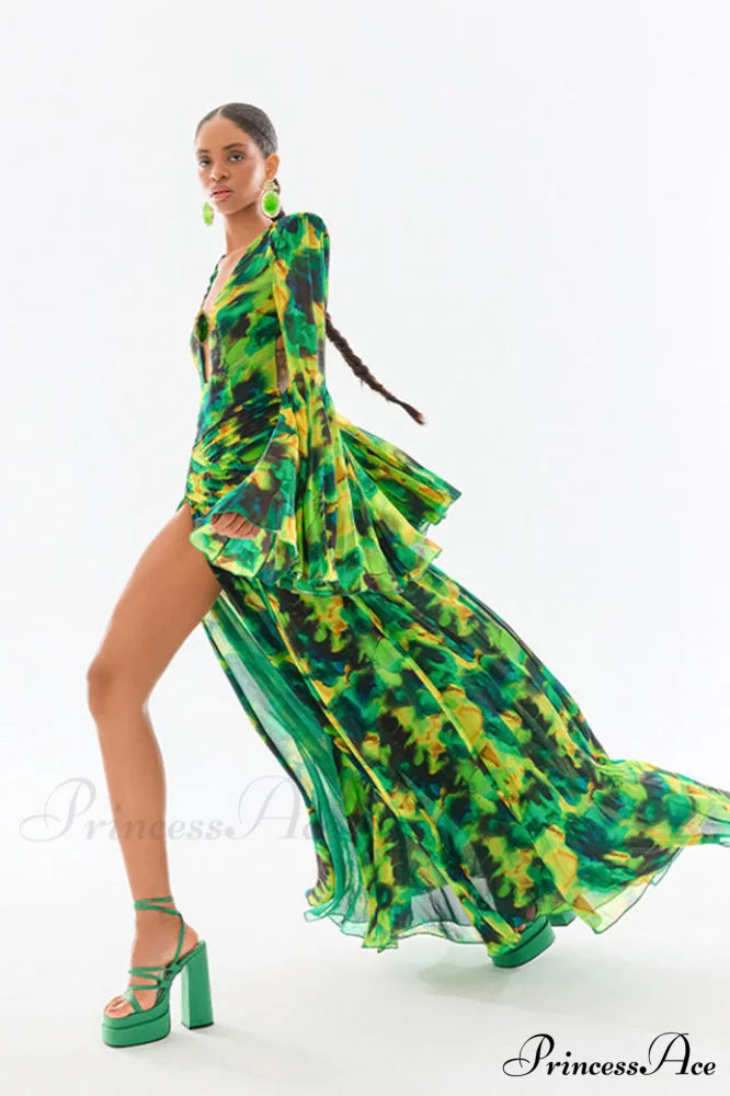 Bell Sleeve Stylish Printed Gown