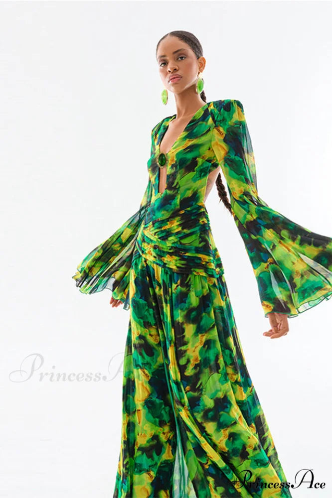 Bell Sleeve Stylish Printed Gown