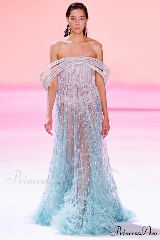 Bella Off-the-Shoulder Graceful Beaded Maxi Dress Aqua / 2