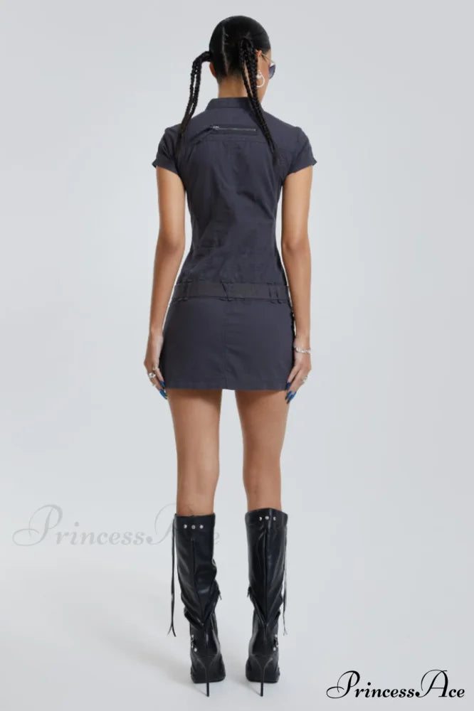 Belted Cargo Mini Charming Dress In Grey