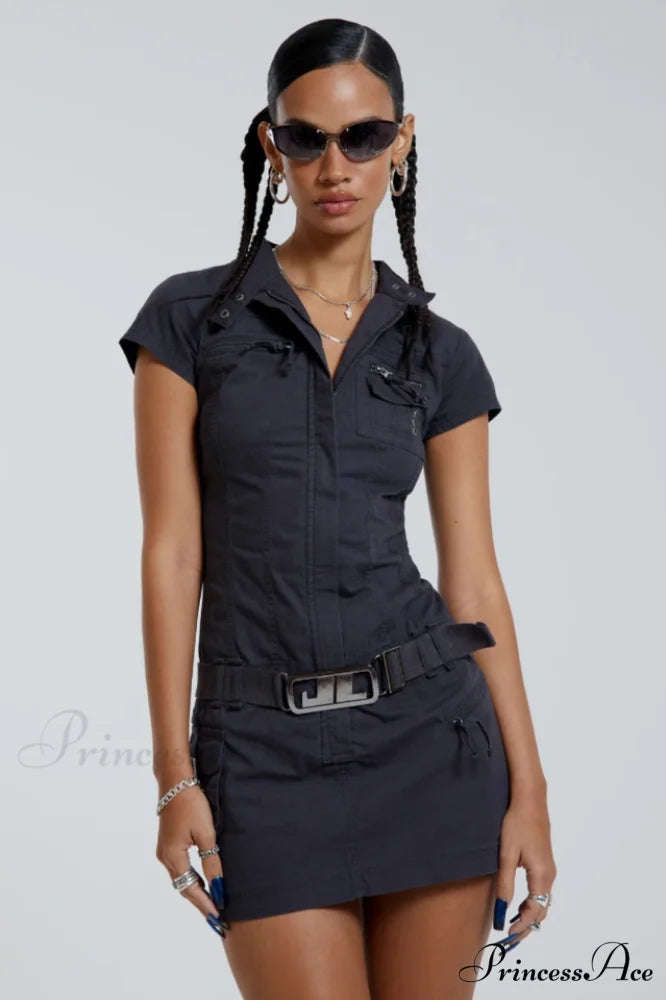 Belted Cargo Mini Charming Dress In Grey XS / Gray