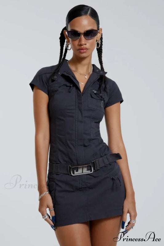 Belted Cargo Mini Charming Dress In Grey XS / Gray