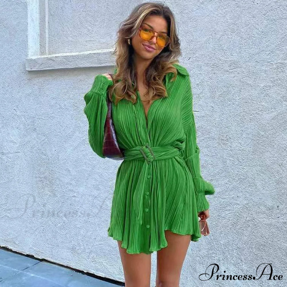 Belted Midi Graceful Shirt Dress S / Green