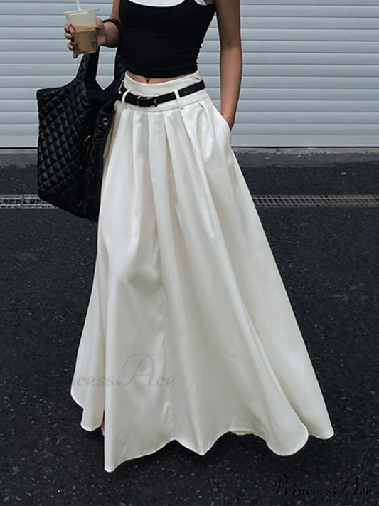 Belted Pleated Graceful Long Skirt White / XS