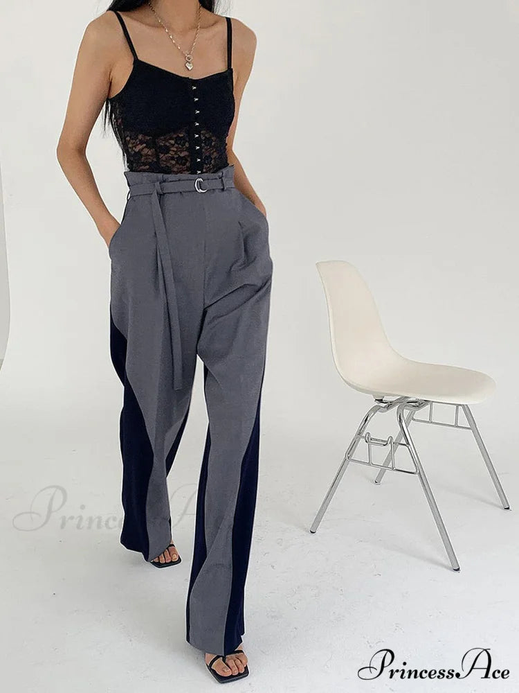 Belted Two Tone Trendy Wide Leg Pants