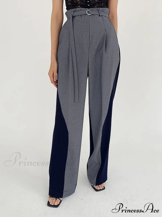Belted Two Tone Trendy Wide Leg Pants Grey / XS