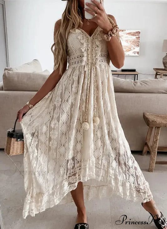 Beltless Sleeveless Plunging Neckline Fringe Lace Maxi White Bohemian Dress Beige / S bohodress-250126