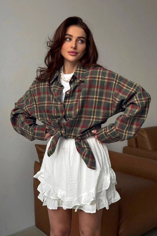 American Style Plaid Mid-Length Blouse