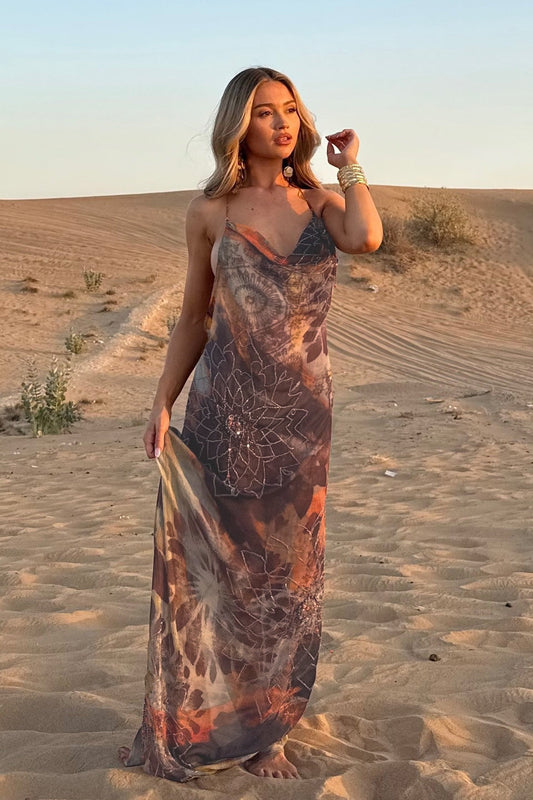 Vacation Style Printed Backless Maxi Dress