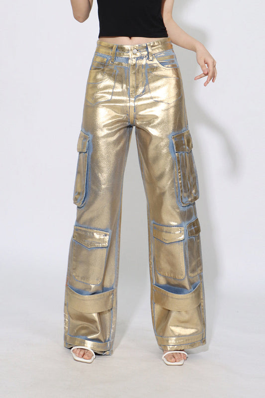 Street Style Metallic Cargo Straight Jean