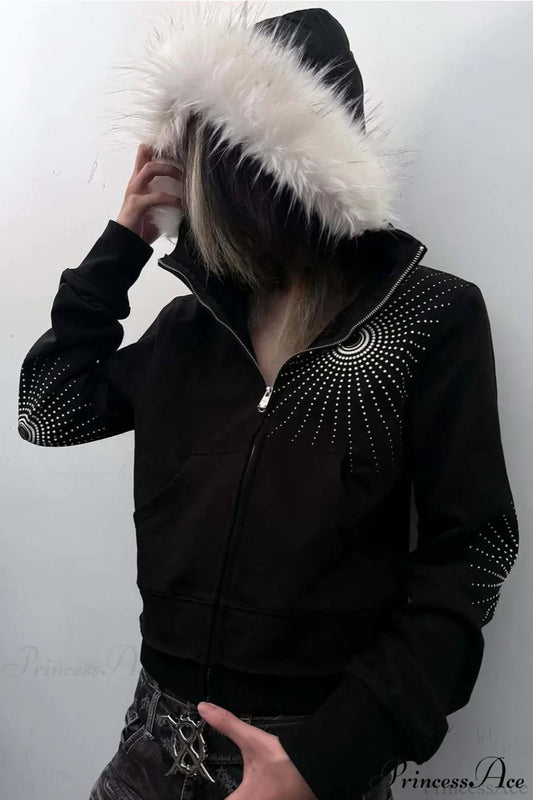 Big Fur Hood Print Zip-Up Hoodie
